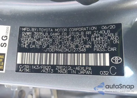 2021 Toyota Corolla Le z USA, uszkodzony, nr VIN JTDEPMAE0MJ127348